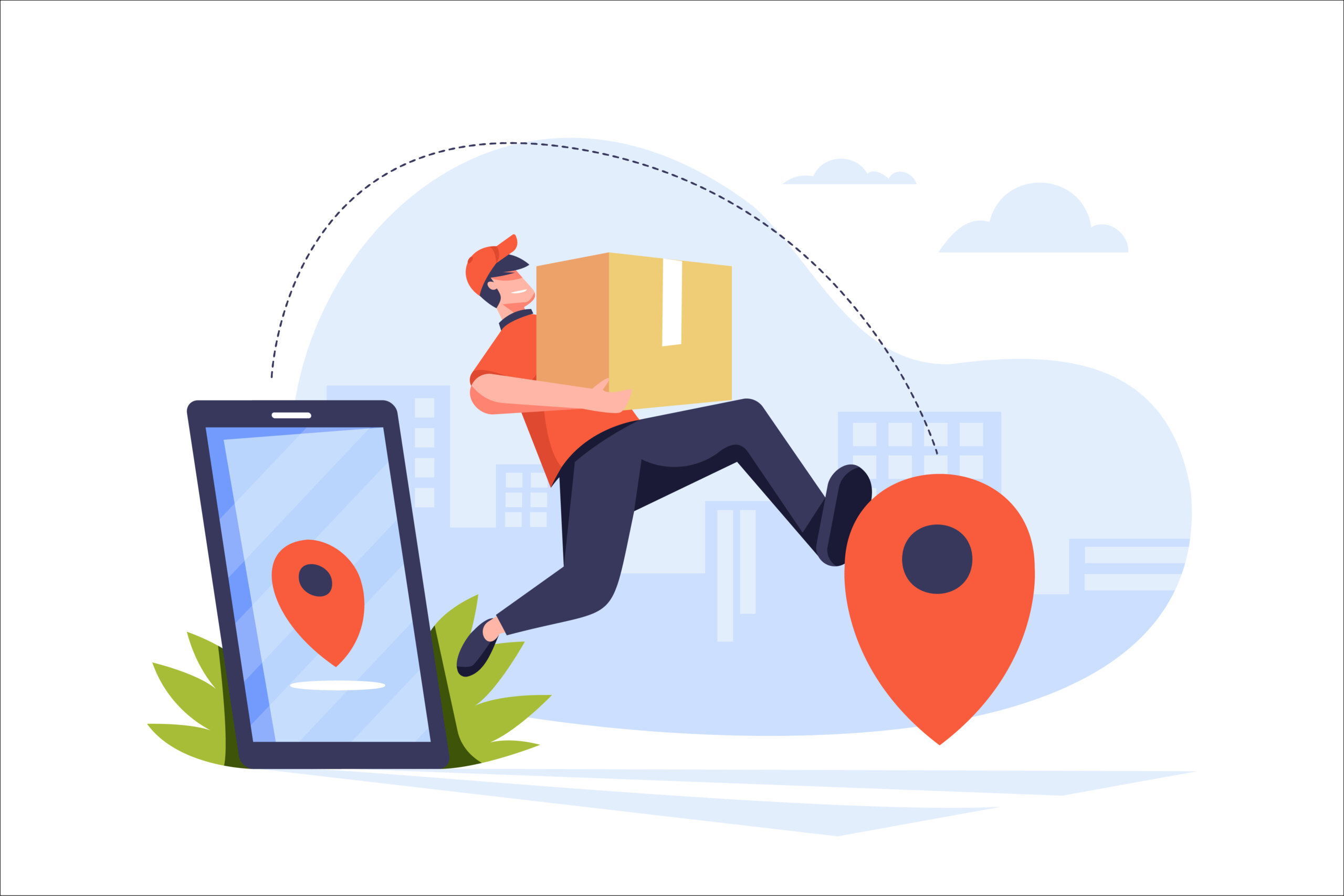 Parcel send to location pins on mobile phone by delivery man Quick Commerce